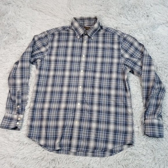 Thomas Dean Performance Mens Shirt Blue M Button Up Plaid Preppy Casual - Picture 1 of 10